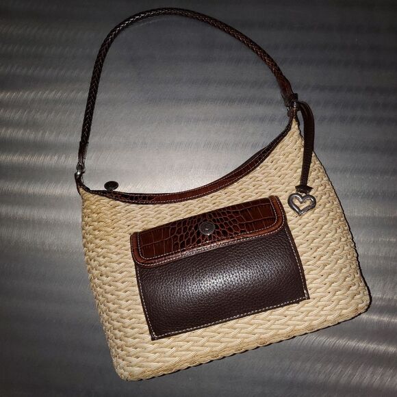 Brighton Brown Tan Basket Weave Leather Detail Croc Embossed Shoulder Bag - Picture 1 of 12